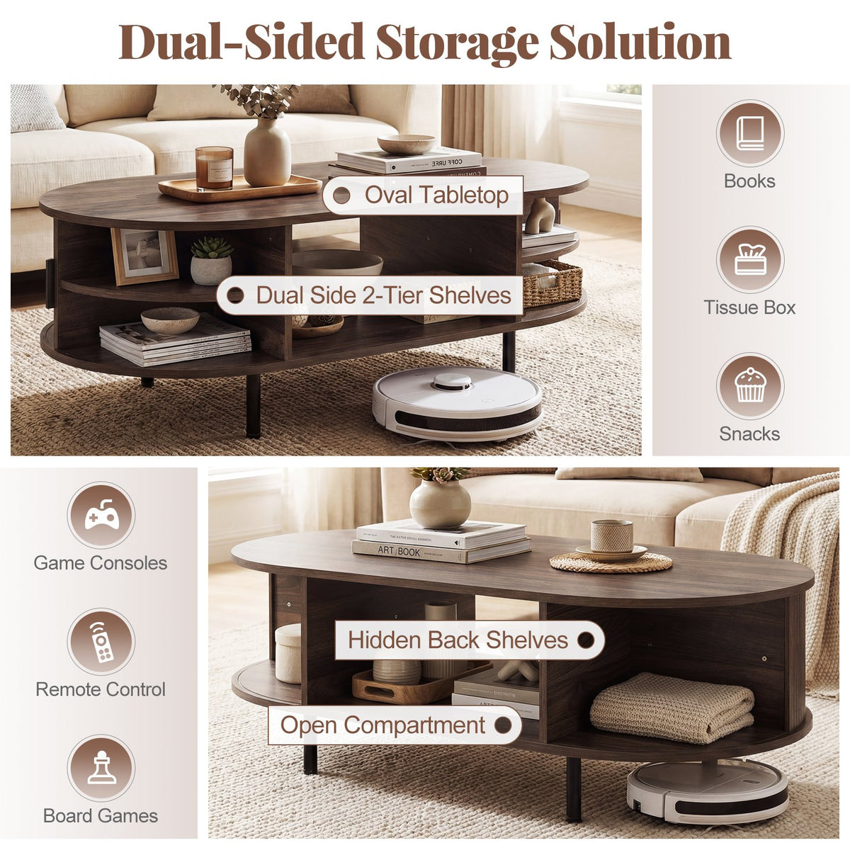 Oval Coffee Table 47.5inch Wooden Center Table with Storage-Walnut view 7