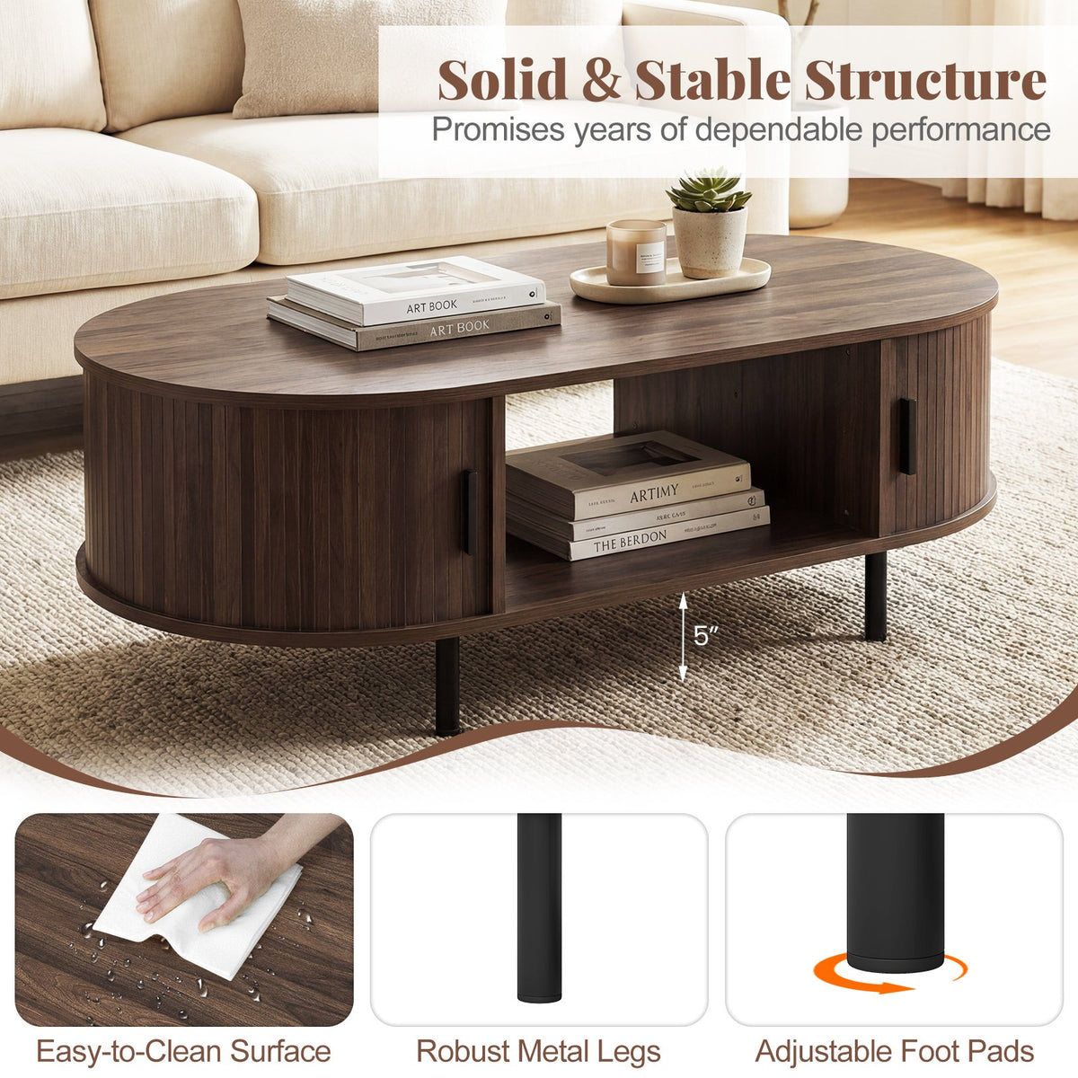 Oval Coffee Table 47.5inch Wooden Center Table with Storage-Walnut view 8