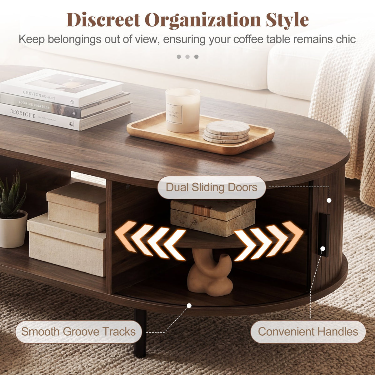 Oval Coffee Table 47.5inch Wooden Center Table with Storage-Walnut view 9