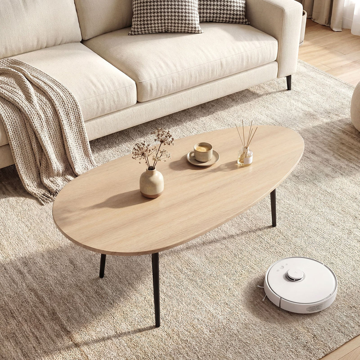 Oval Coffee Table Mid Century Center Table with Sturdy Metal Construction-Natural view 2