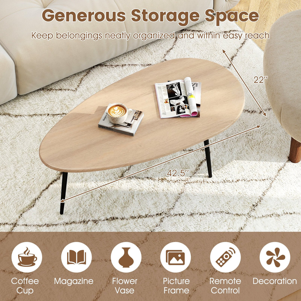 Oval Coffee Table Mid Century Center Table with Sturdy Metal Construction-Natural view 8