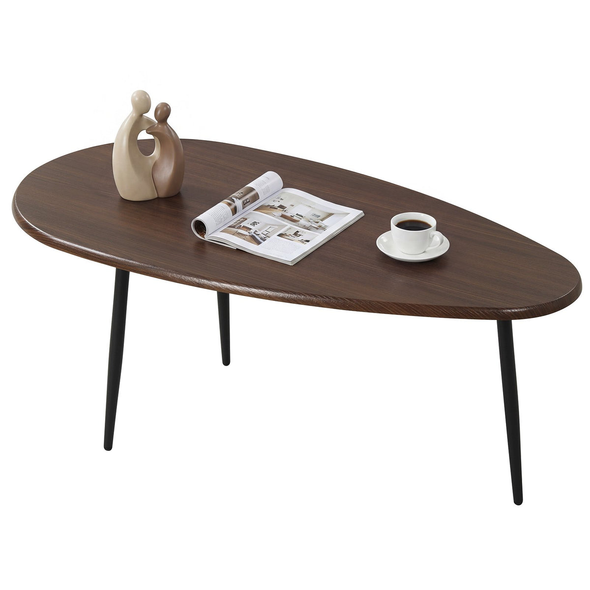 Oval Coffee Table Mid Century Center Table with Sturdy Metal Construction-Walnut