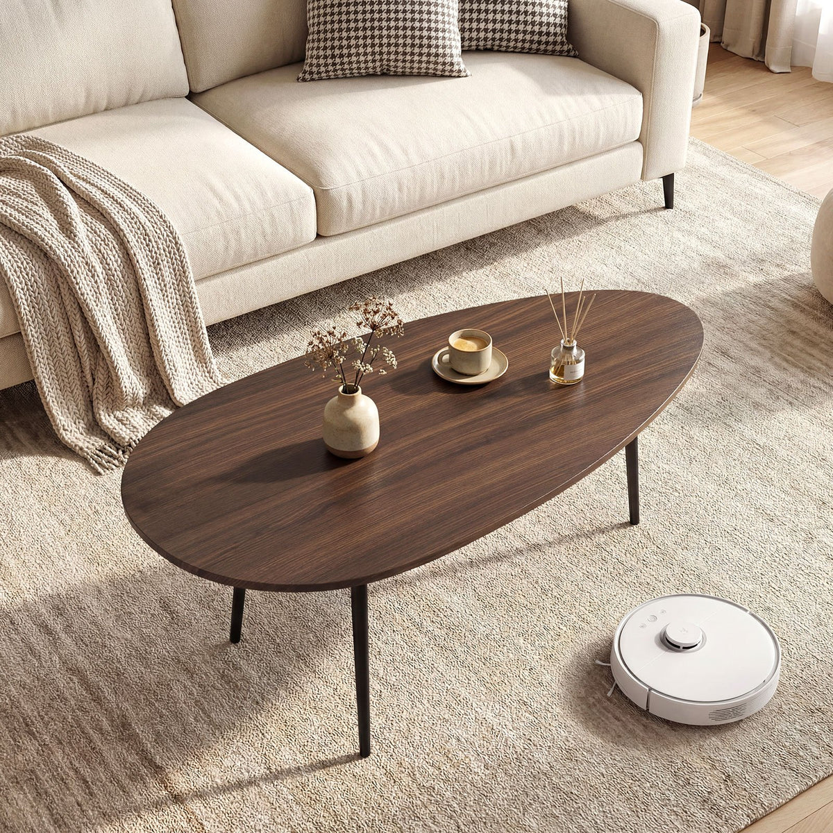 Oval Coffee Table Mid Century Center Table with Sturdy Metal Construction-Walnut view 2