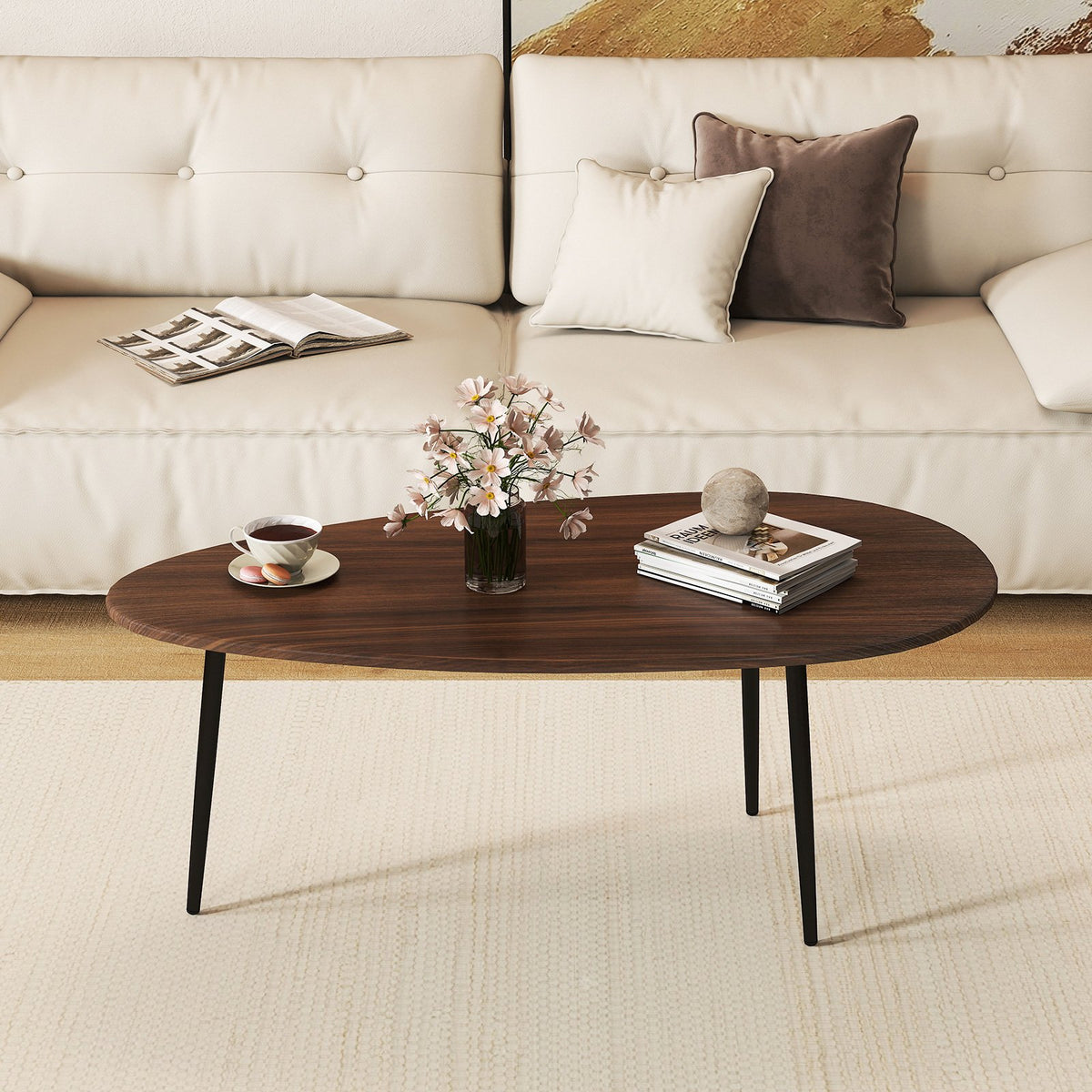 Oval Coffee Table Mid Century Center Table with Sturdy Metal Construction-Walnut view 3