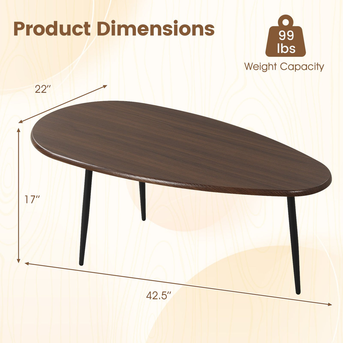 Oval Coffee Table Mid Century Center Table with Sturdy Metal Construction-Walnut view 4