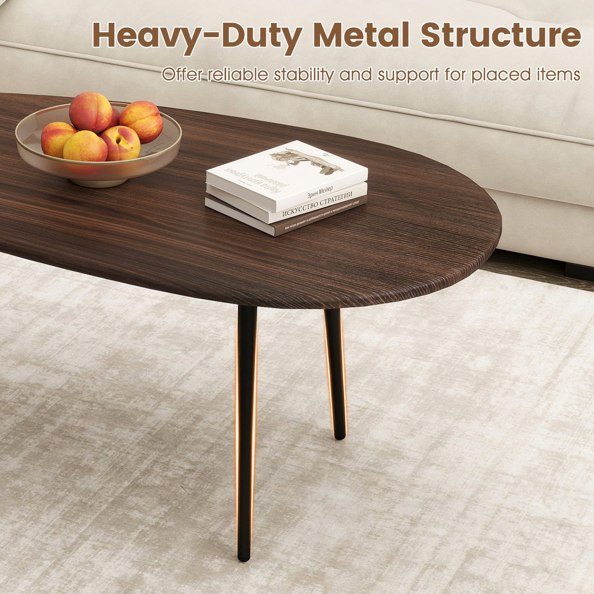 Oval Coffee Table Mid Century Center Table with Sturdy Metal Construction-Walnut view 7