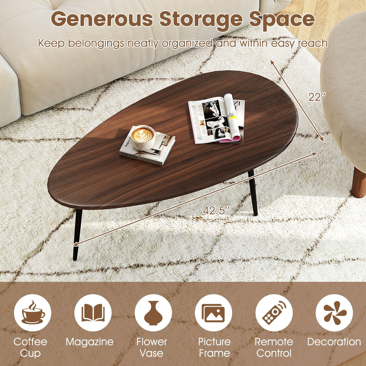 Oval Coffee Table Mid Century Center Table with Sturdy Metal Construction-Walnut view 8