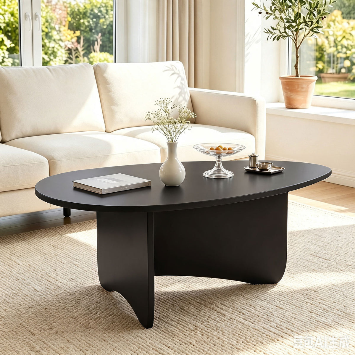Oval Coffee Table Mid Century Modern Accent Table Low Profile Wooden Center Table-Black view 3