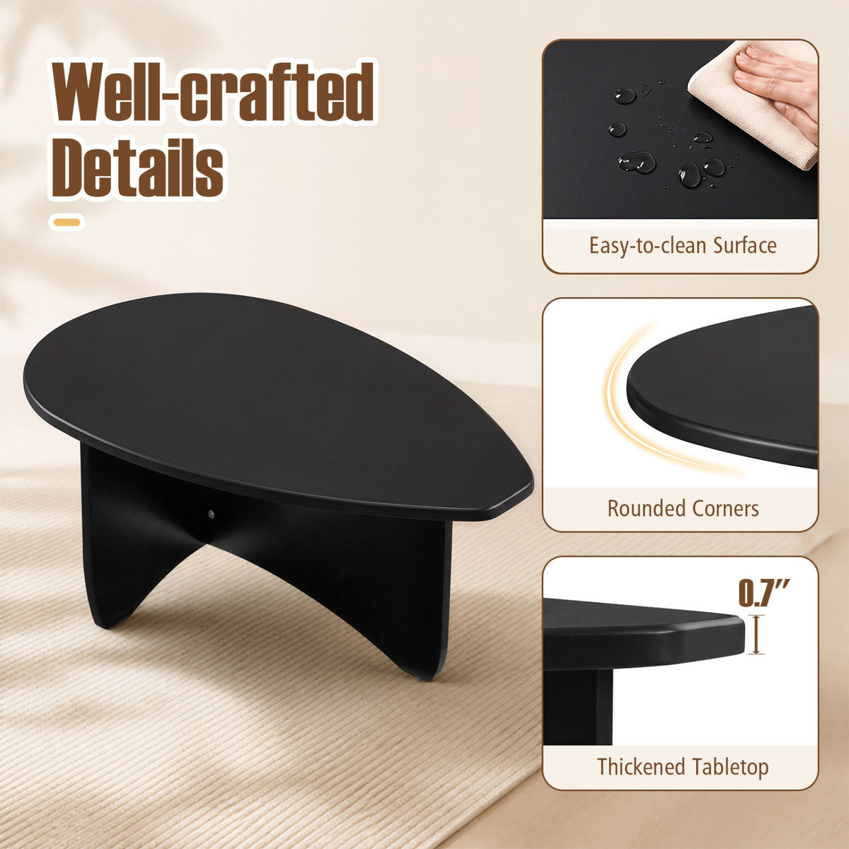 Oval Coffee Table Mid Century Modern Accent Table Low Profile Wooden Center Table-Black view 7