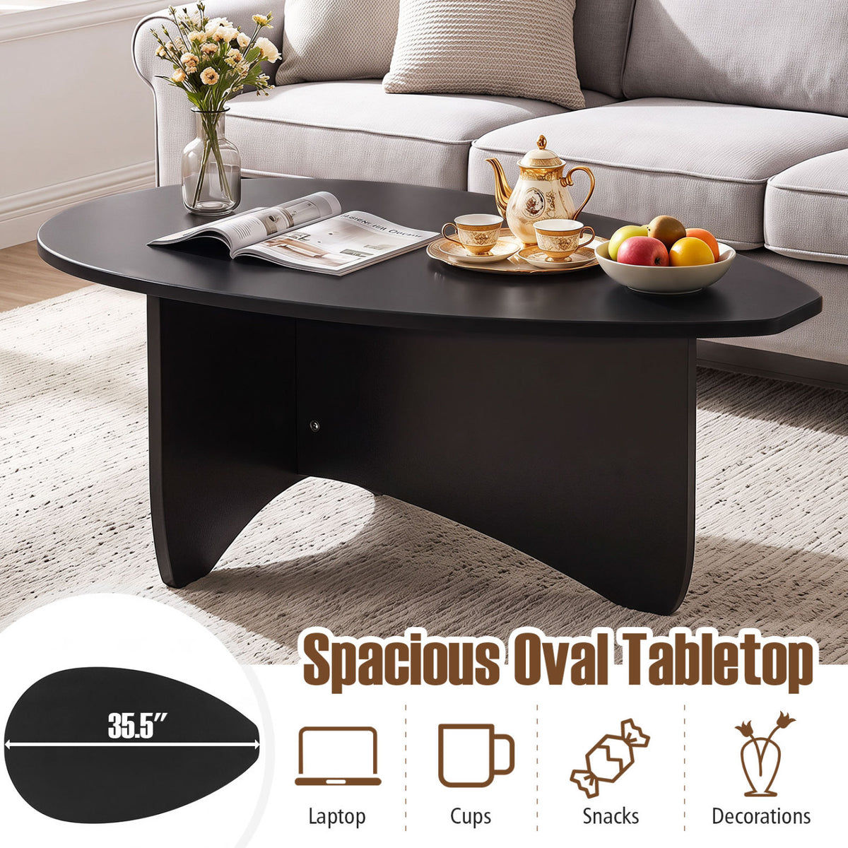 Oval Coffee Table Mid Century Modern Accent Table Low Profile Wooden Center Table-Black view 9