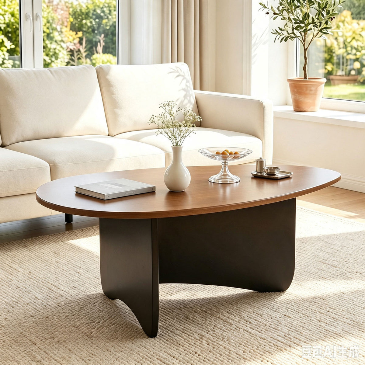 Oval Coffee Table Mid Century Modern Accent Table Low Profile Wooden Center Table-Walnut view 2