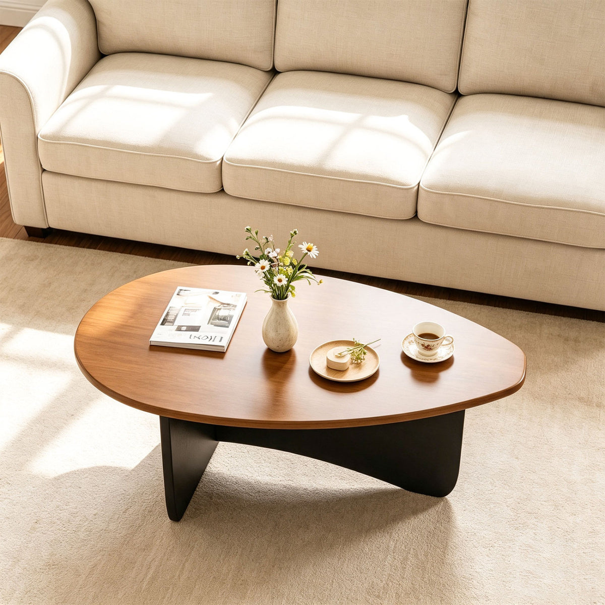 Oval Coffee Table Mid Century Modern Accent Table Low Profile Wooden Center Table-Walnut view 3