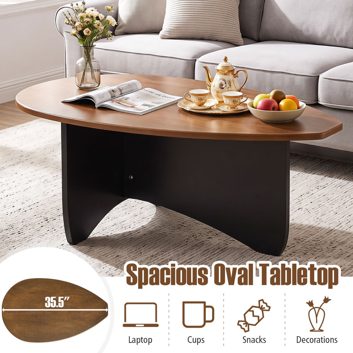 Oval Coffee Table Mid Century Modern Accent Table Low Profile Wooden Center Table-Walnut view 9