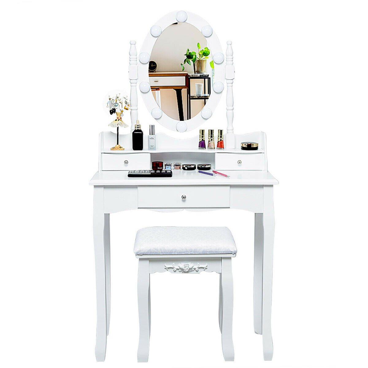 Oval Mirror Vanity Set, with 10 LED Dimmable Bulbs and 3 Drawers-White