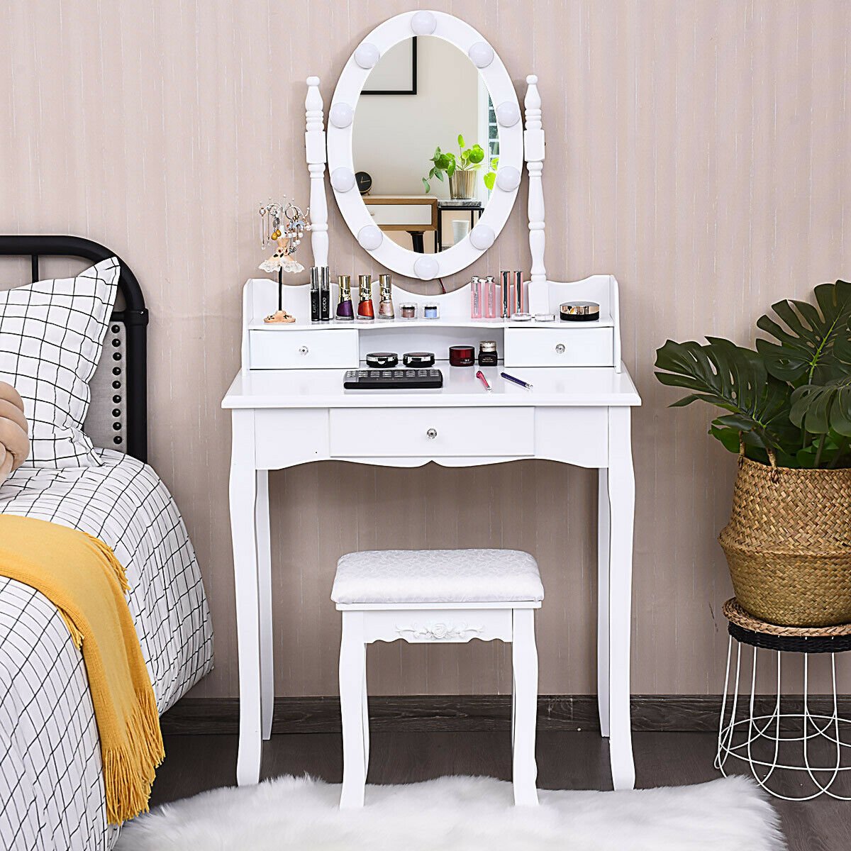 Oval Mirror Vanity Set, with 10 LED Dimmable Bulbs and 3 Drawers-White view 2