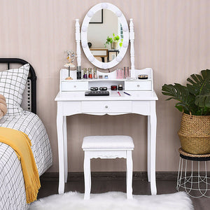 Oval Mirror Vanity Set, with 10 LED Dimmable Bulbs and 3 Drawers-White view 2