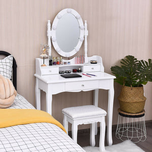 Oval Mirror Vanity Set, with 10 LED Dimmable Bulbs and 3 Drawers-White view 3