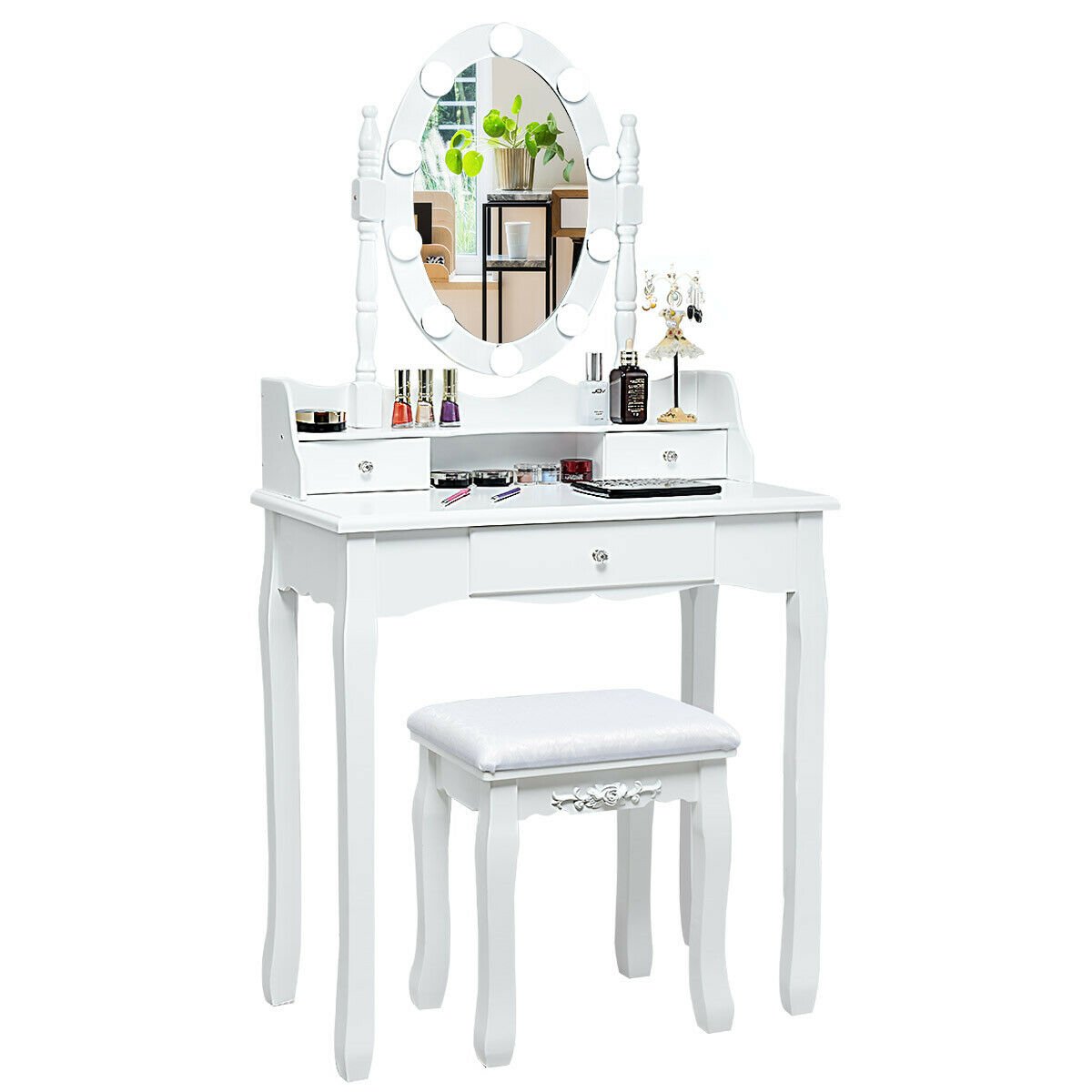 Oval Mirror Vanity Set, with 10 LED Dimmable Bulbs and 3 Drawers-White view 4