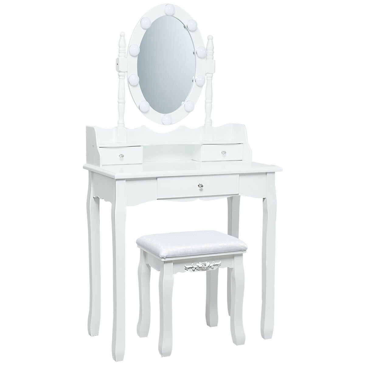 Oval Mirror Vanity Set, with 10 LED Dimmable Bulbs and 3 Drawers-White view 6