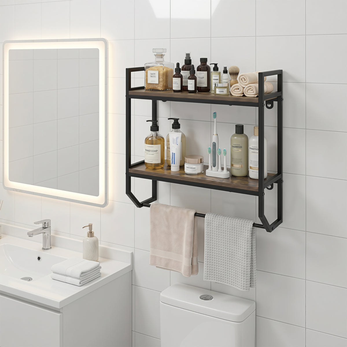 Over the Toilet Shelf Wall Mounted for Bathroom with Metal Frame-Gray view 2