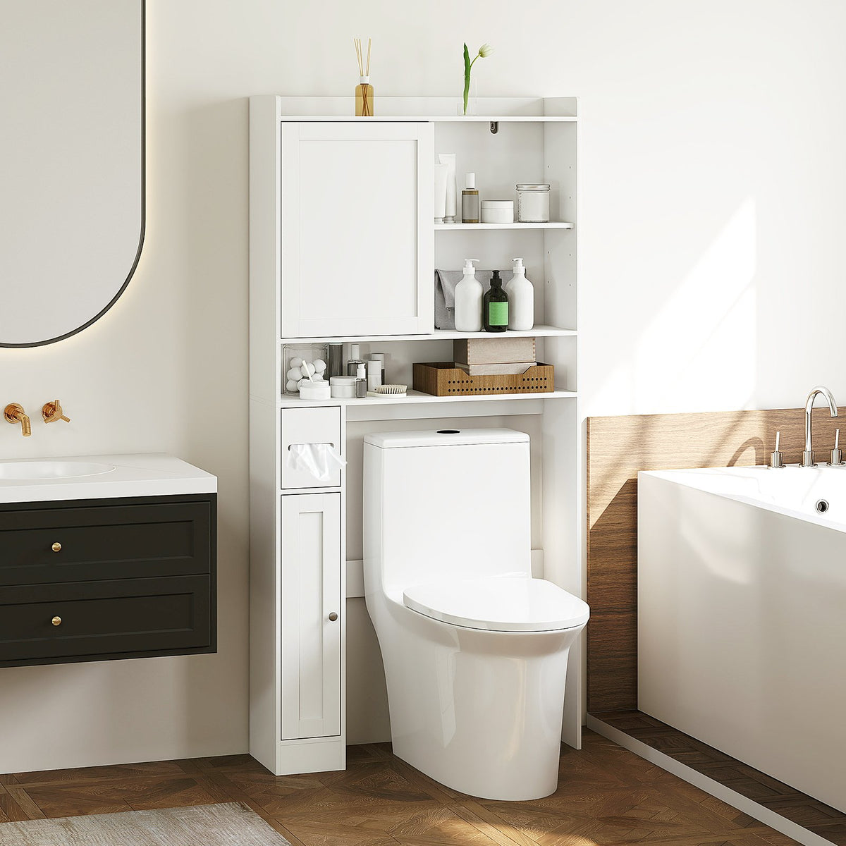 Over-the-Toilet Storage Cabinet Standing Toilet Rack with Sliding Door-White view 2