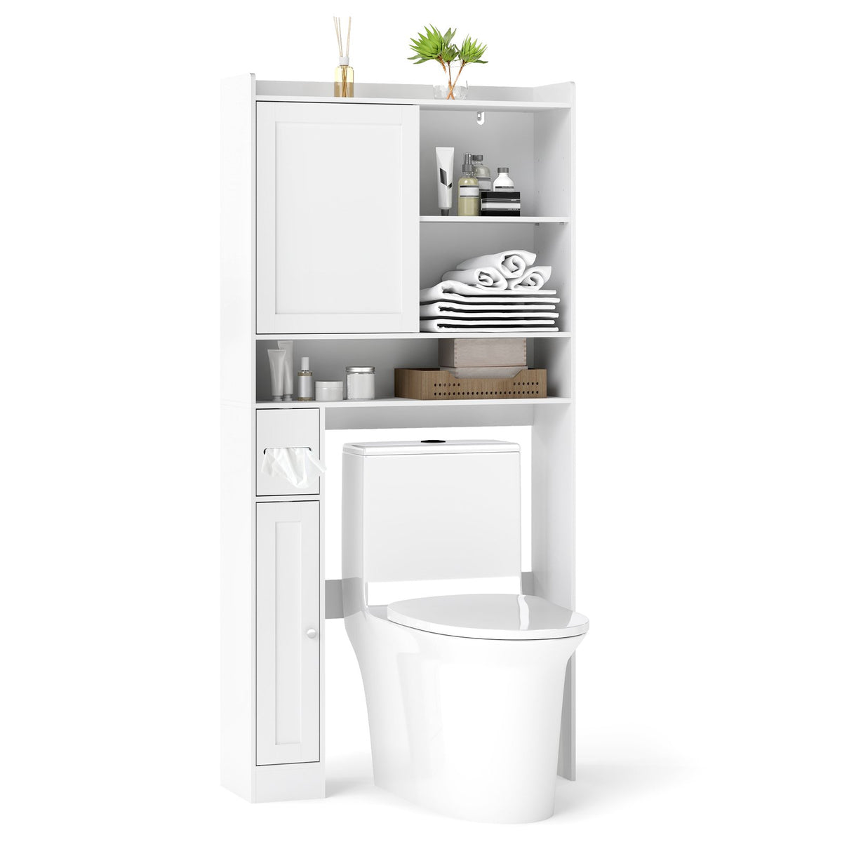 Over-the-Toilet Storage Cabinet Standing Toilet Rack with Sliding Door-White view 4