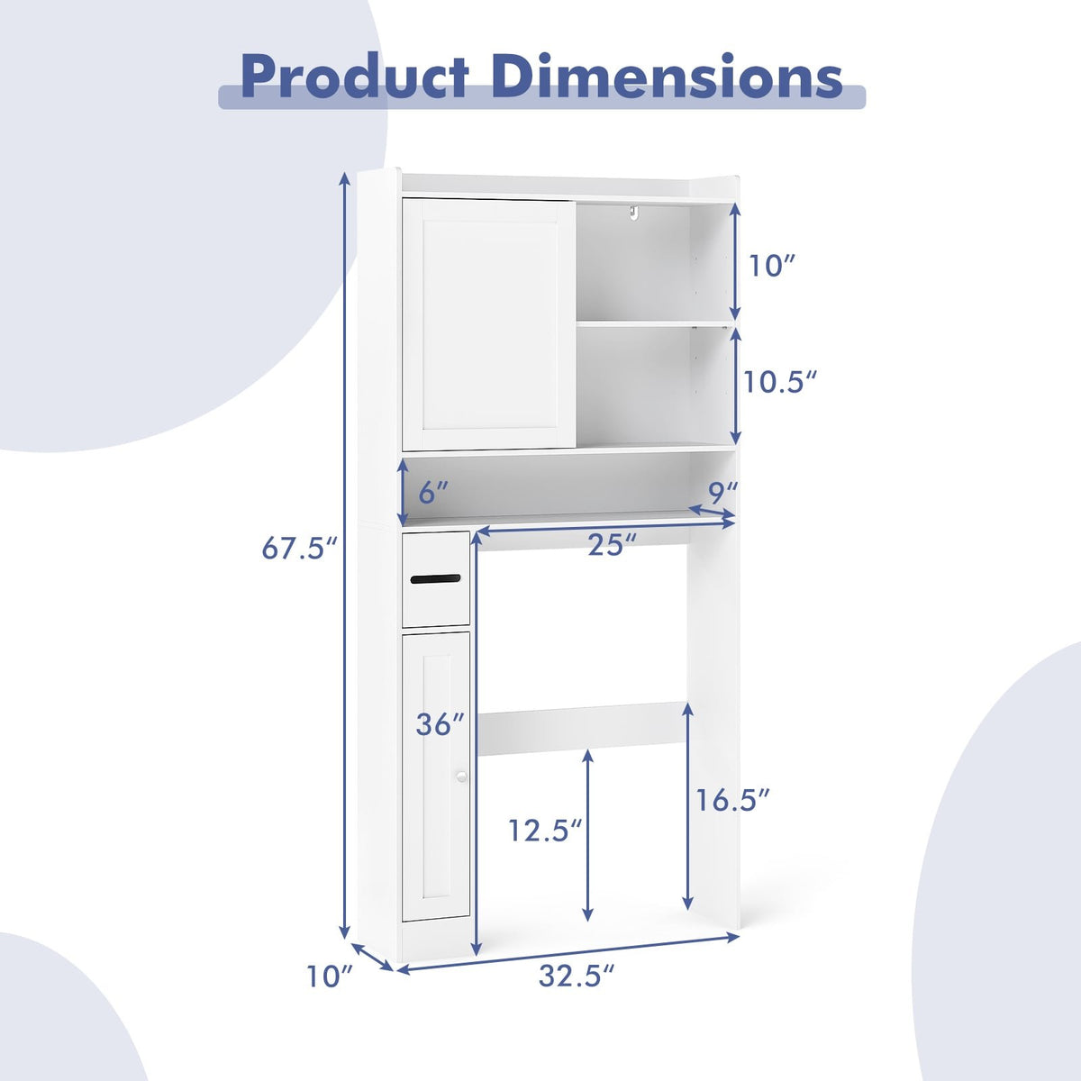 Over-the-Toilet Storage Cabinet Standing Toilet Rack with Sliding Door-White view 5