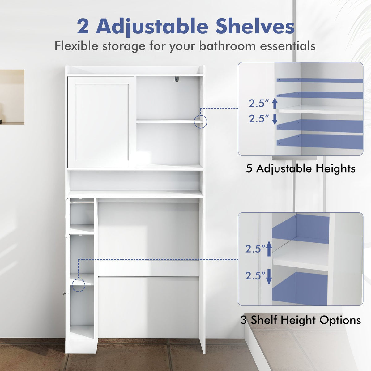 Over-the-Toilet Storage Cabinet Standing Toilet Rack with Sliding Door-White view 7