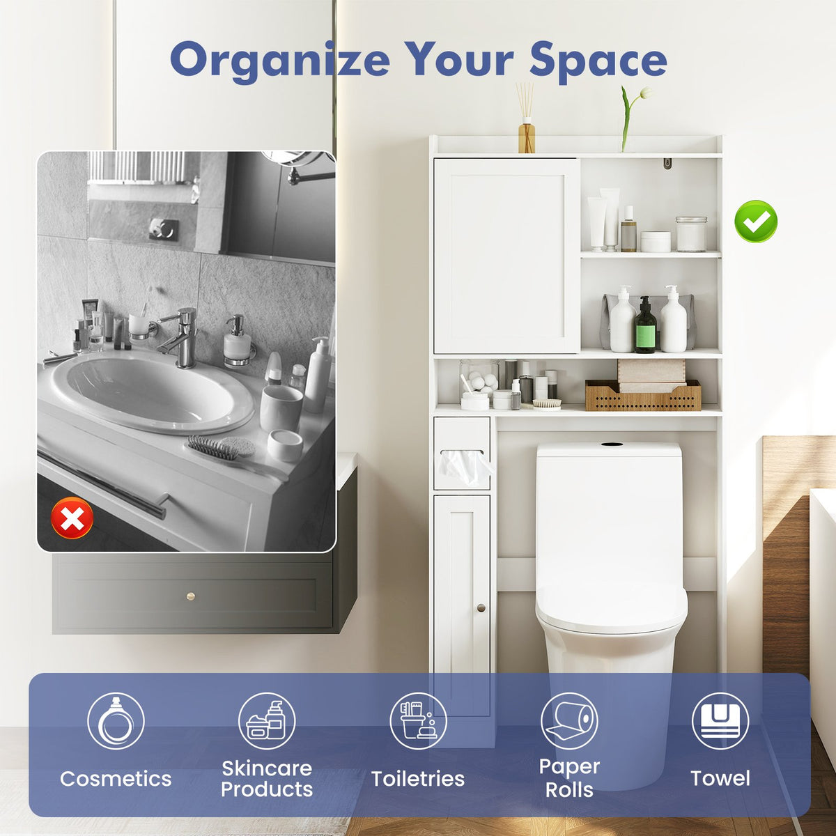 Over-the-Toilet Storage Cabinet Standing Toilet Rack with Sliding Door-White view 8