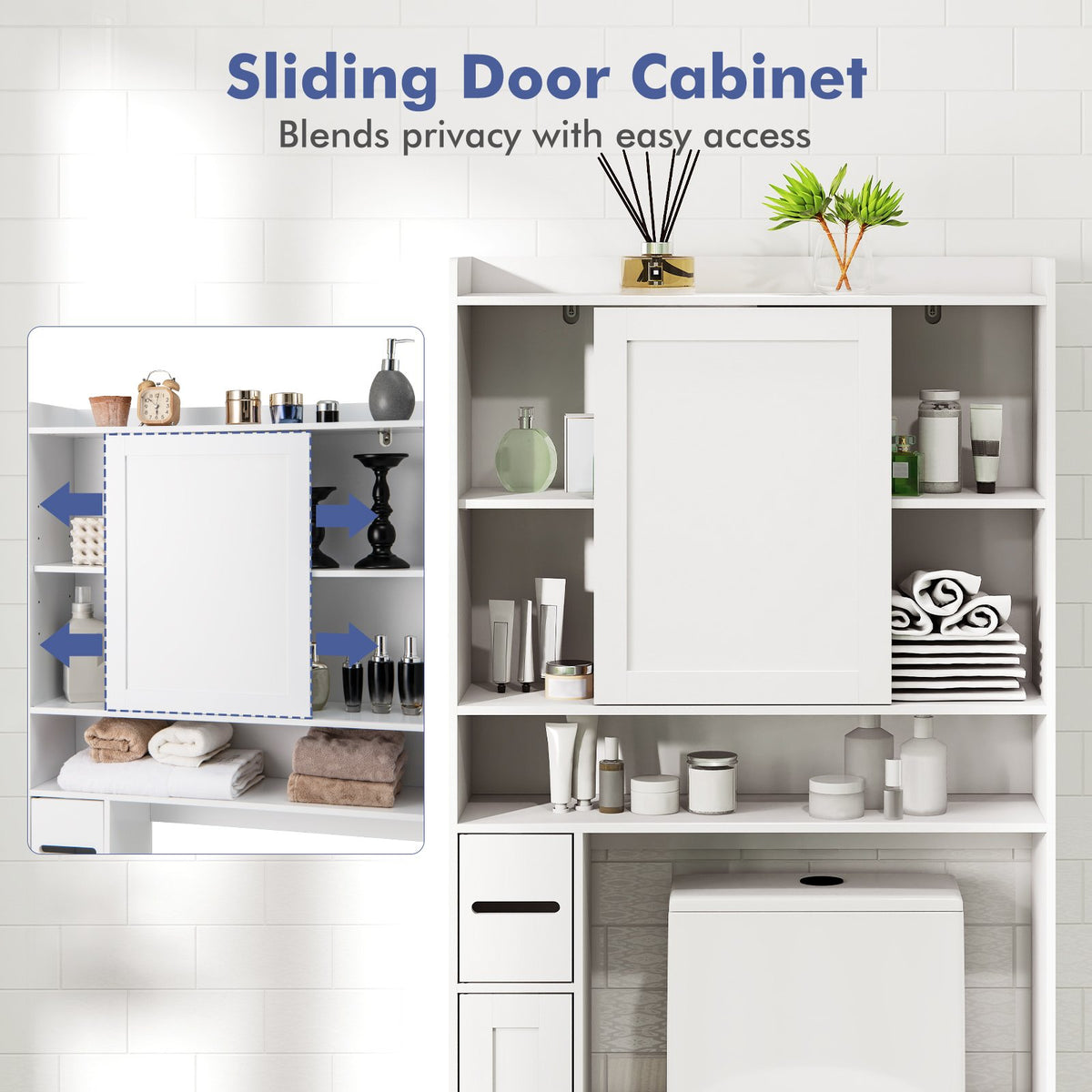 Over-the-Toilet Storage Cabinet Standing Toilet Rack with Sliding Door-White view 9