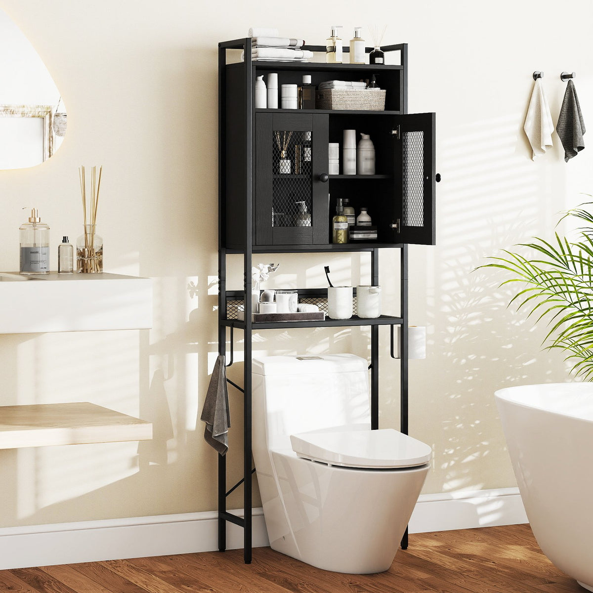 Over-The-Toilet Storage Cabinet with Heavy-Duty Metal Frame 2-door Freestanding-Black view 2
