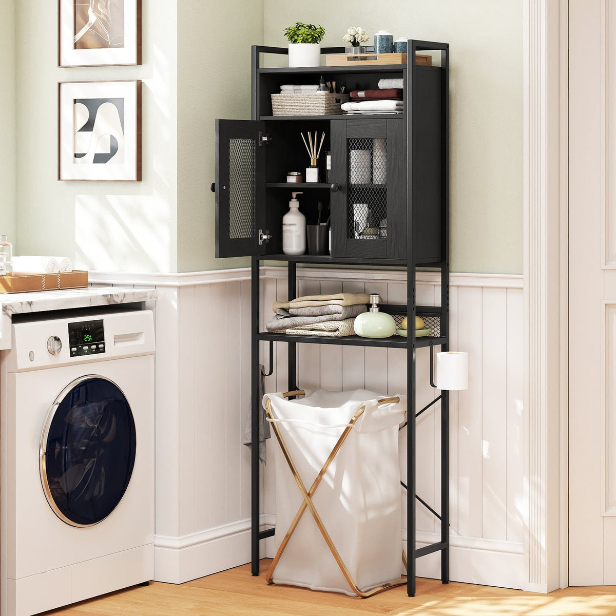 Over-The-Toilet Storage Cabinet with Heavy-Duty Metal Frame 2-door Freestanding-Black view 3
