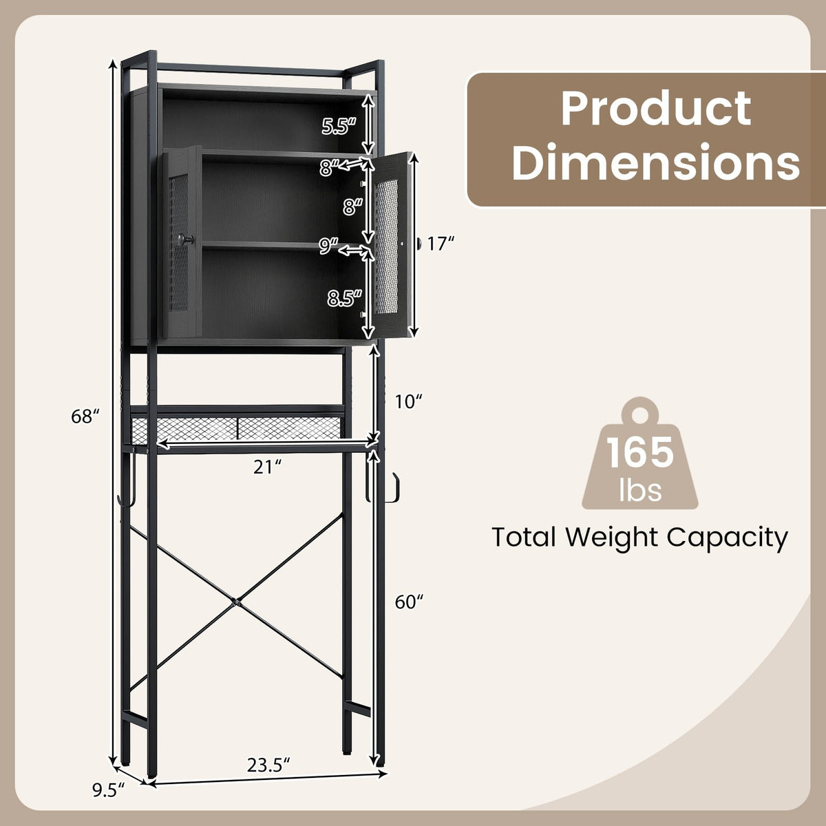 Over-The-Toilet Storage Cabinet with Heavy-Duty Metal Frame 2-door Freestanding-Black view 5
