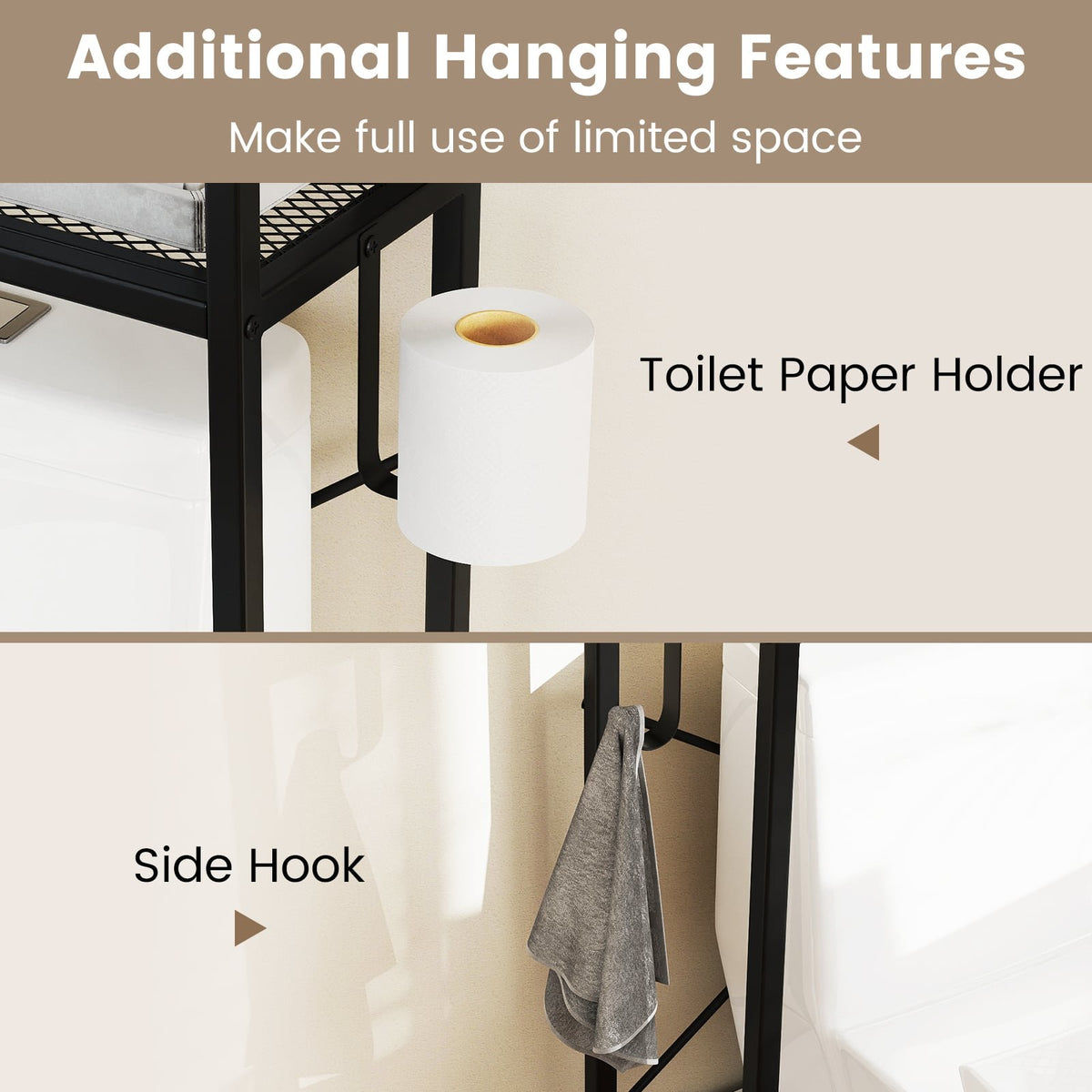 Over-The-Toilet Storage Cabinet with Heavy-Duty Metal Frame 2-door Freestanding-Black view 8