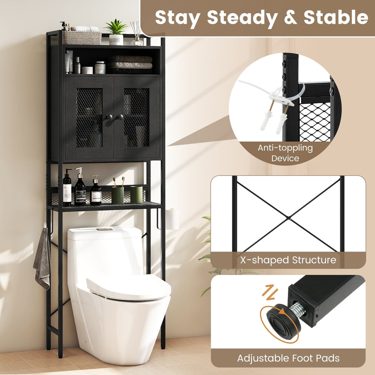 Over-The-Toilet Storage Cabinet with Heavy-Duty Metal Frame 2-door Freestanding-Black view 9