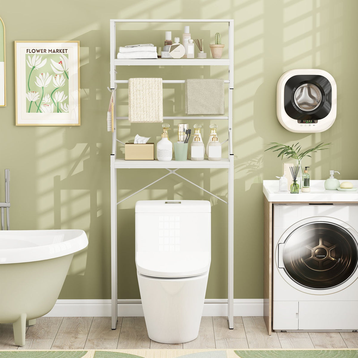 Over the Toilet Storage Rack 3-Tier Over Toilet Bathroom Organizer with Towel Holder-White view 3