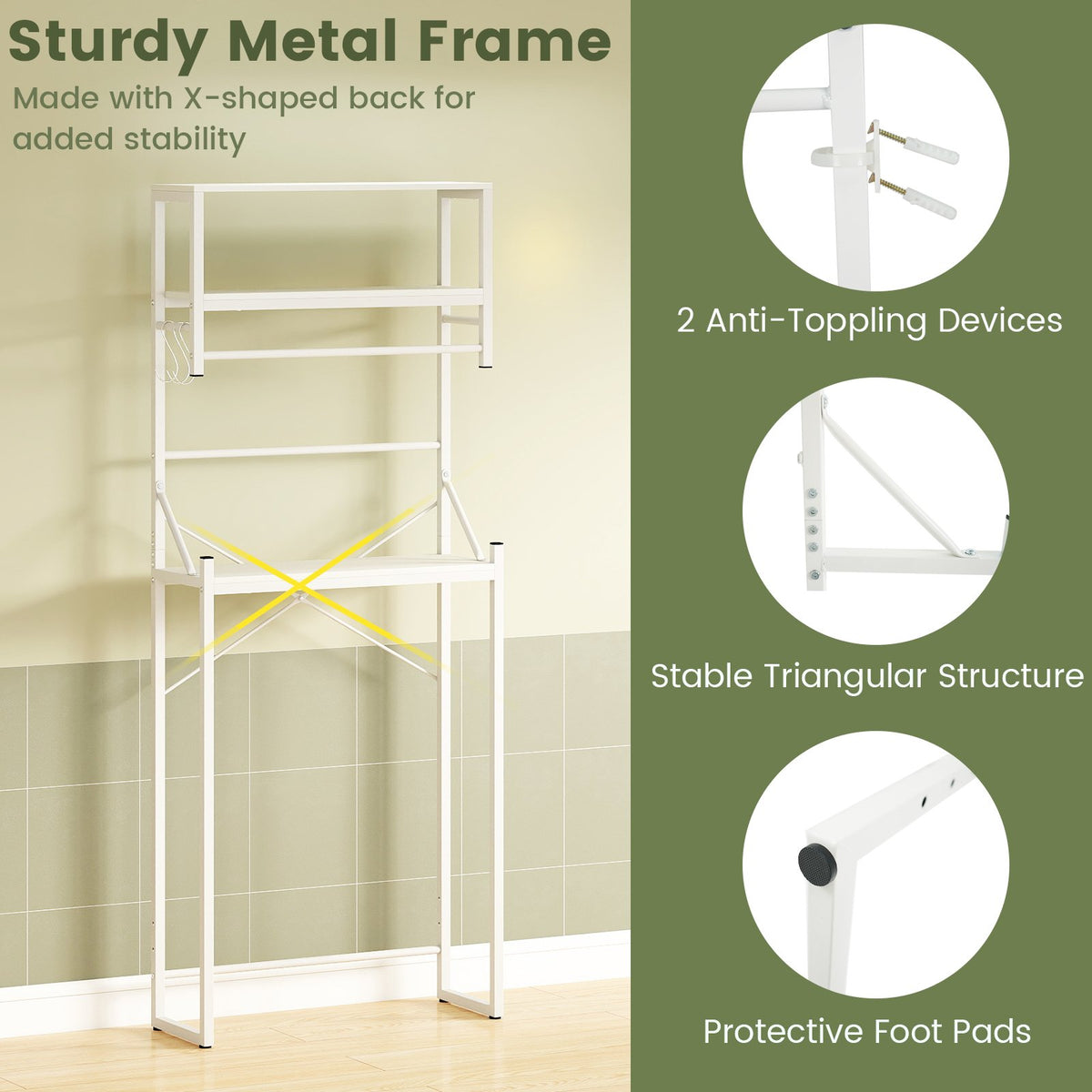 Over the Toilet Storage Rack 3-Tier Over Toilet Bathroom Organizer with Towel Holder-White view 7