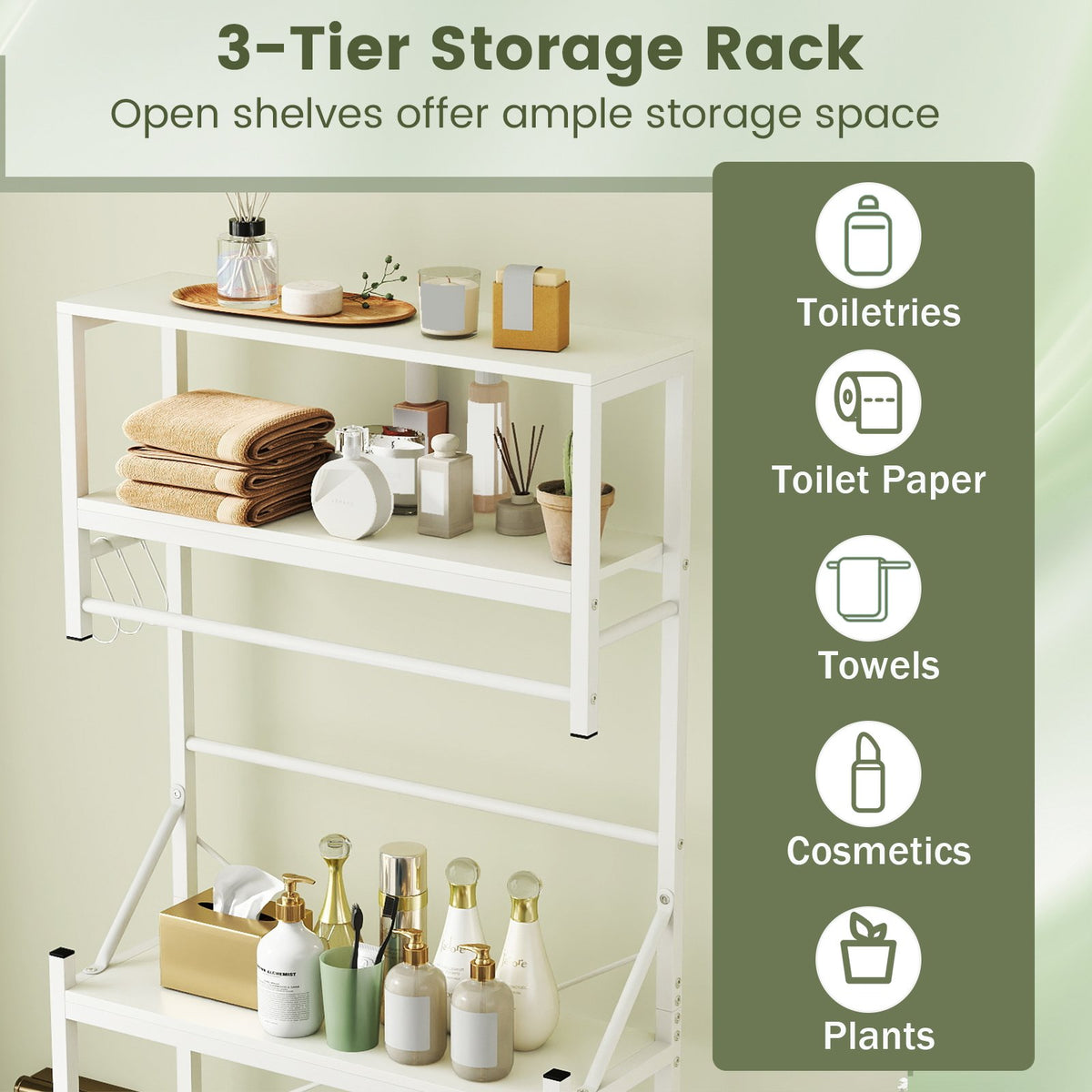 Over the Toilet Storage Rack 3-Tier Over Toilet Bathroom Organizer with Towel Holder-White view 8