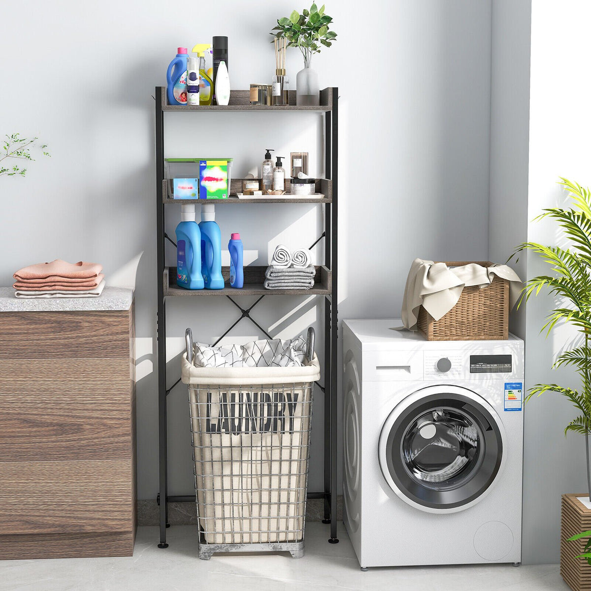 Over The Toilet Storage Rack with Hooks and Adjustable Bottom Bar-Gray view 6