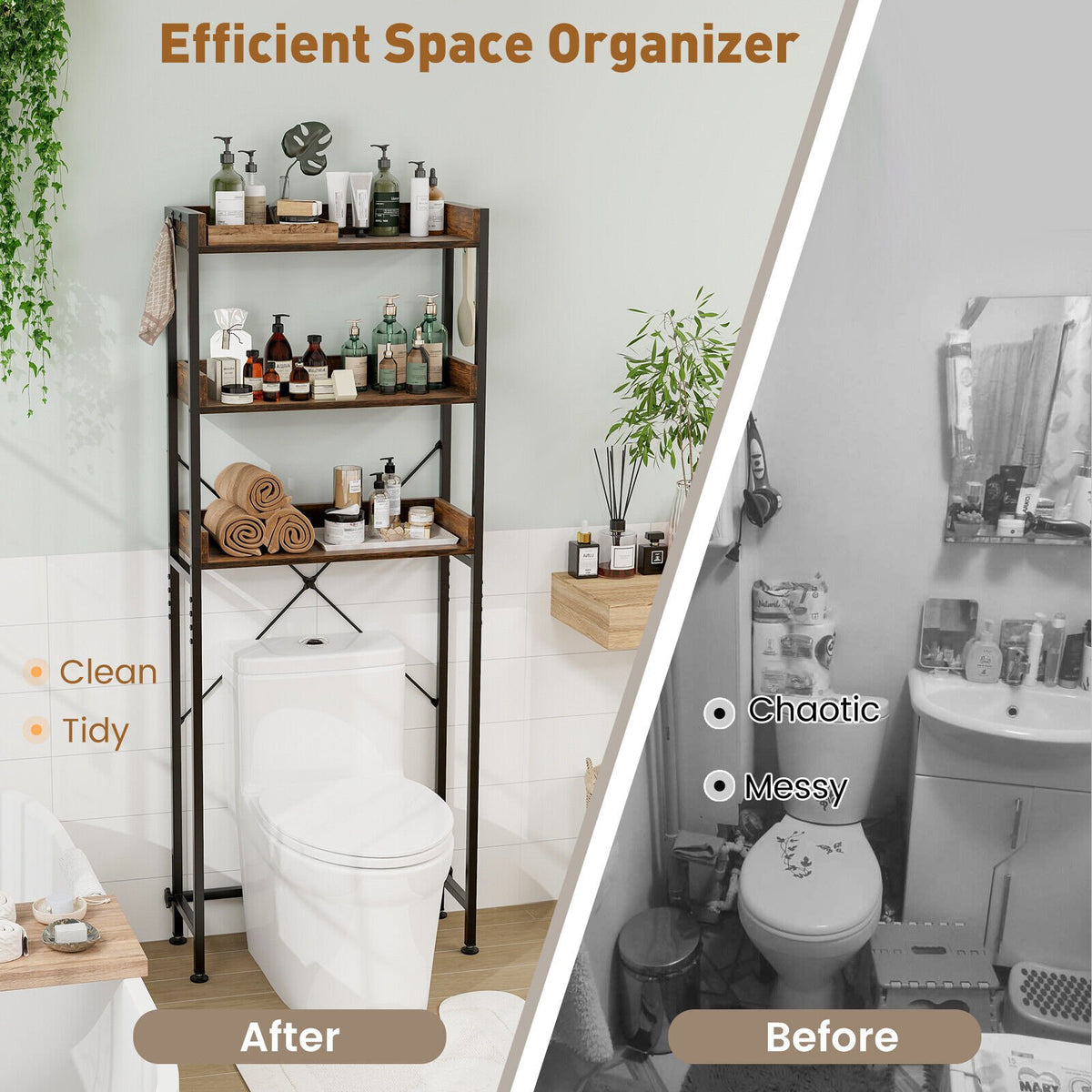 Over The Toilet Storage Rack with Hooks and Adjustable Bottom Bar-Gray view 8