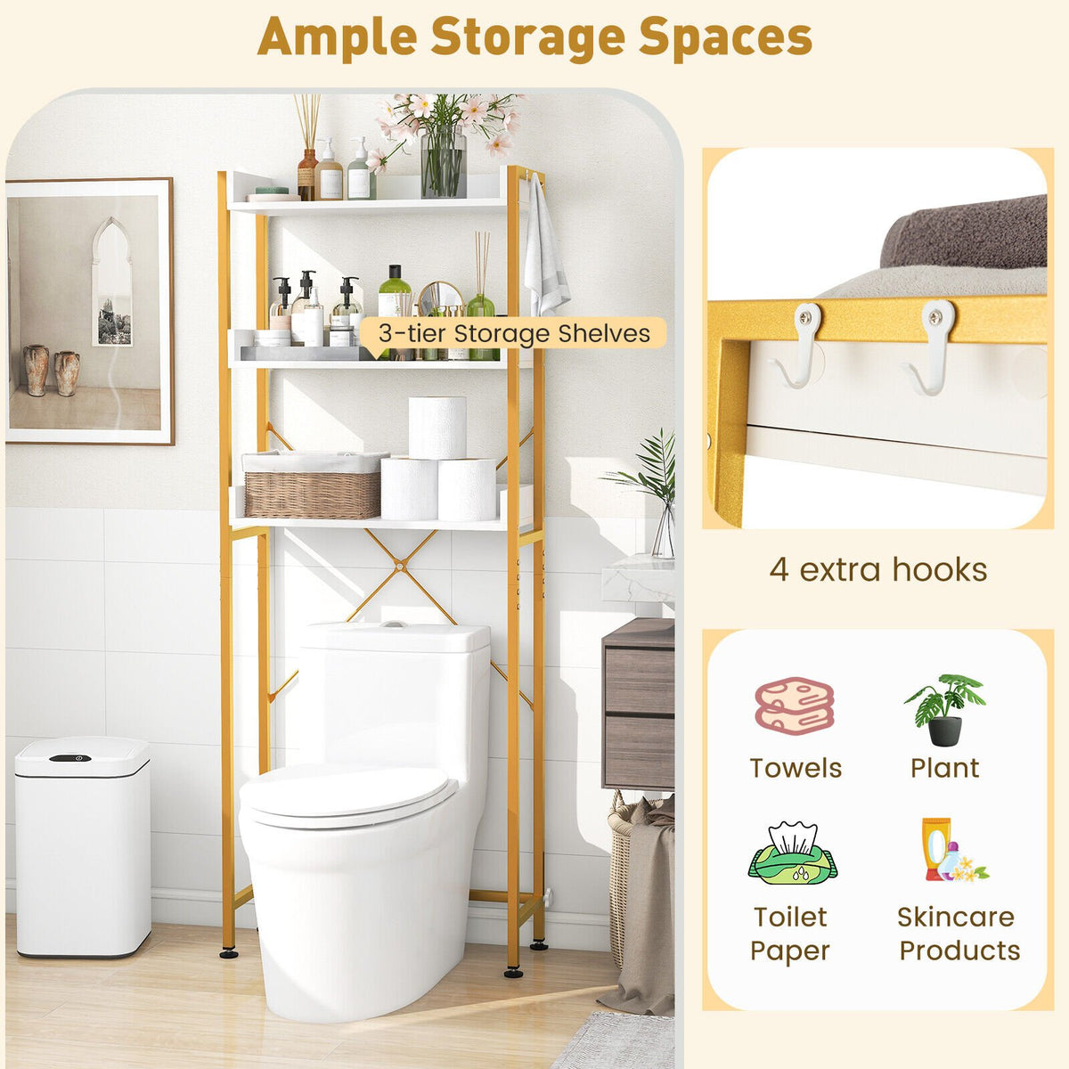Over The Toilet Storage Rack with Hooks and Adjustable Bottom Bar-White view 7