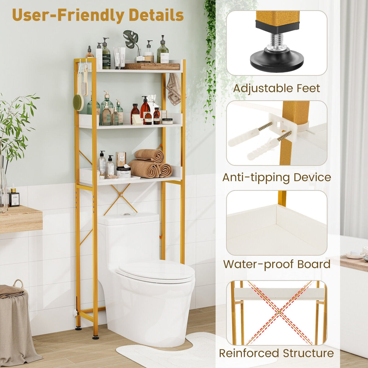 Over The Toilet Storage Rack with Hooks and Adjustable Bottom Bar-White view 9