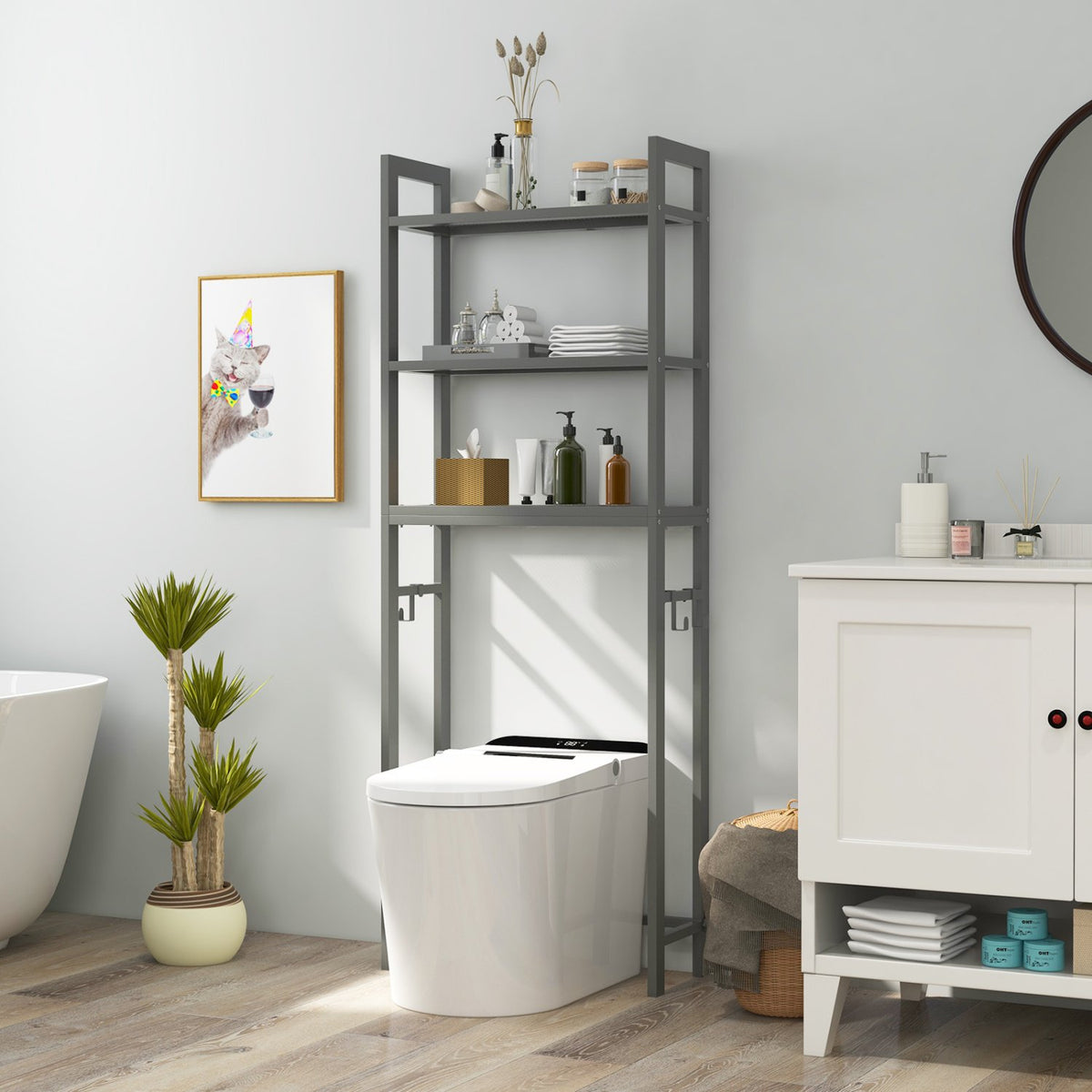 Over-The-Toilet Storage Shelf Space Saving Metal Bathroom Organizer Hooks-Gray view 2