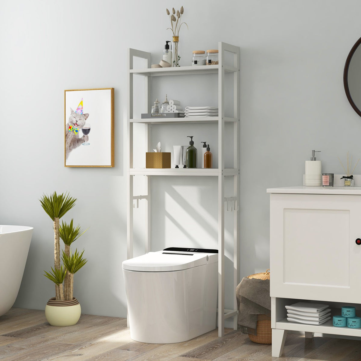 Over-The-Toilet Storage Shelf Space Saving Metal Bathroom Organizer Hooks-White view 2
