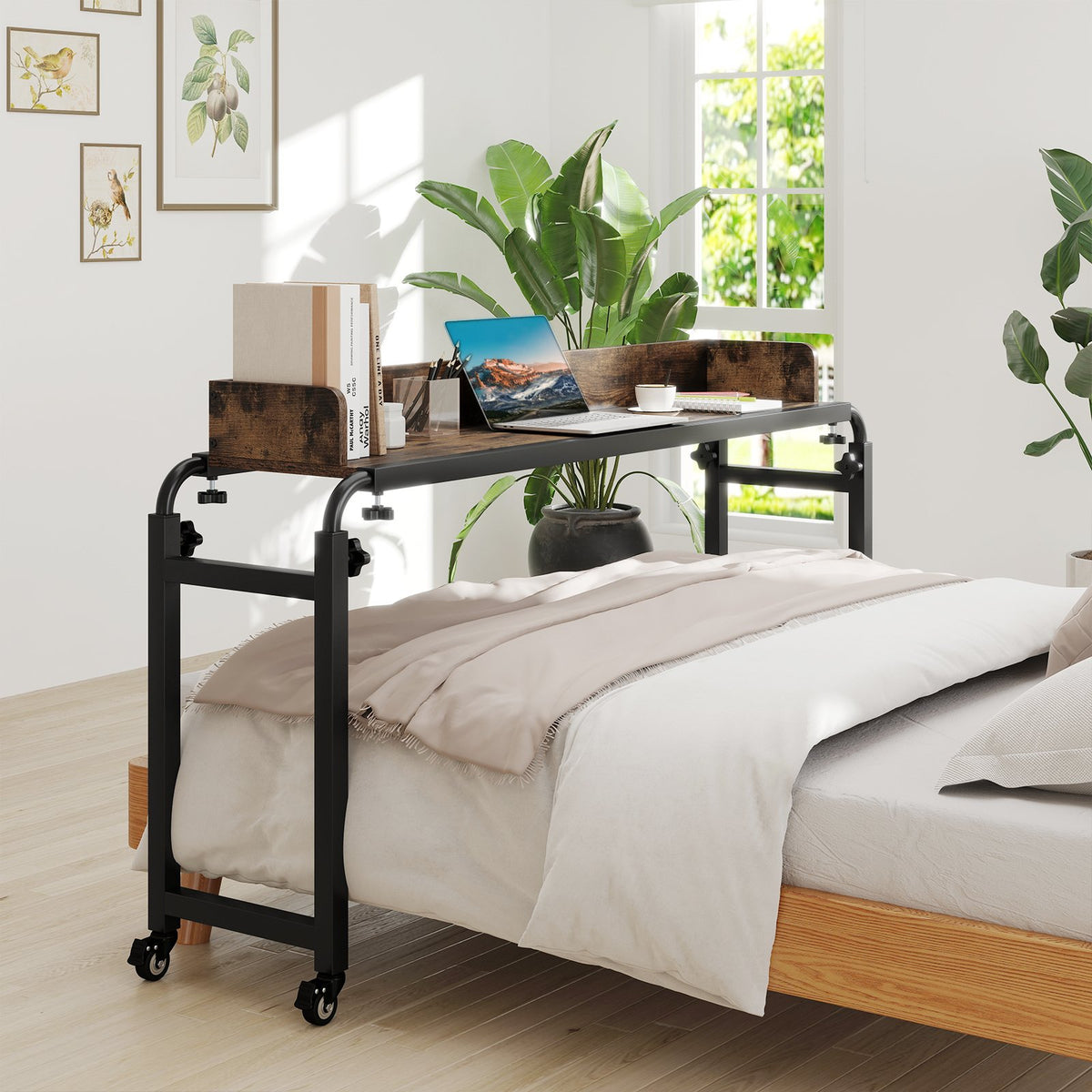 Overbed Desk with Wheels Queen Size Mobile Bed Desk with Adjustable Height-Brown view 3