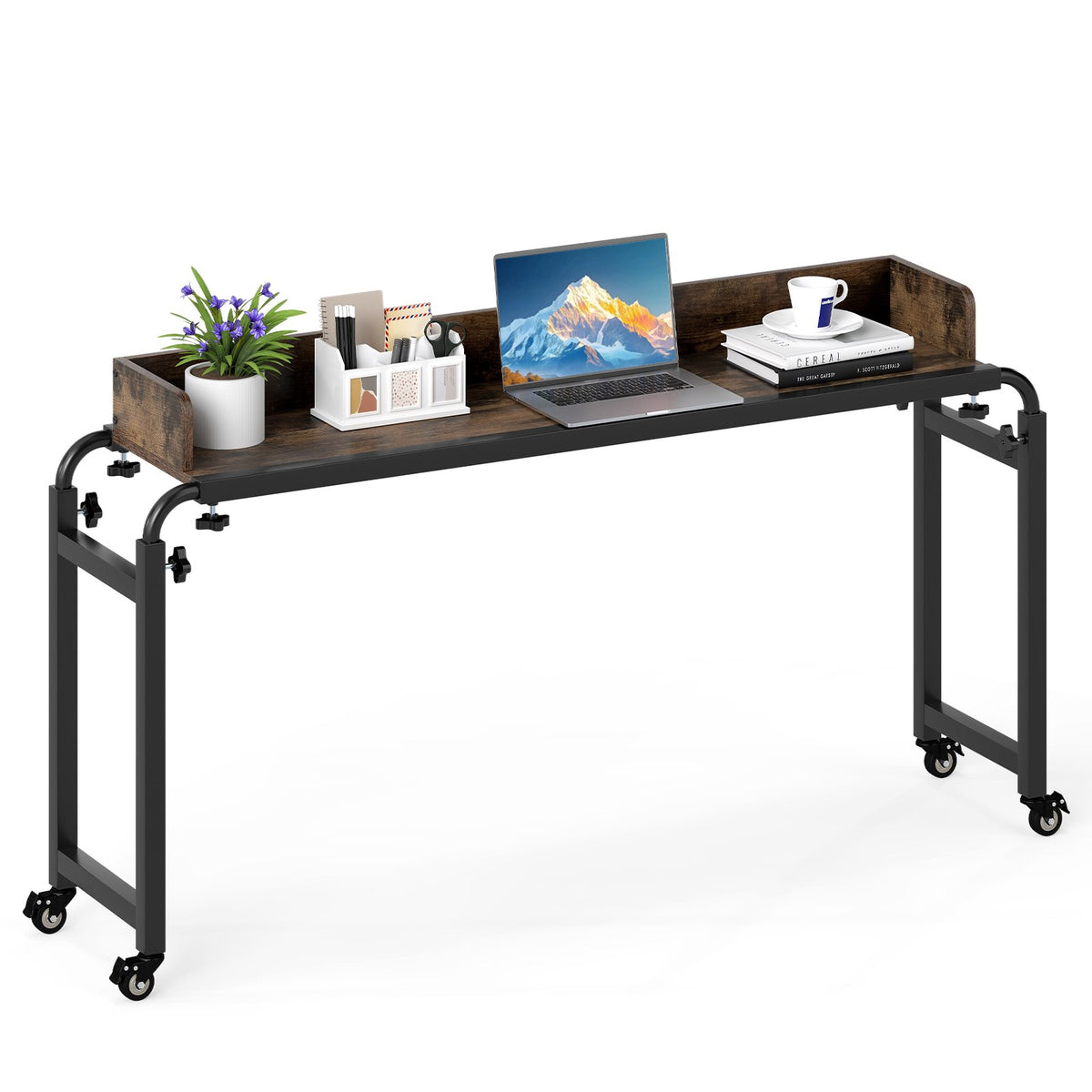 Overbed Desk with Wheels Queen Size Mobile Bed Desk with Adjustable Height-Brown view 4