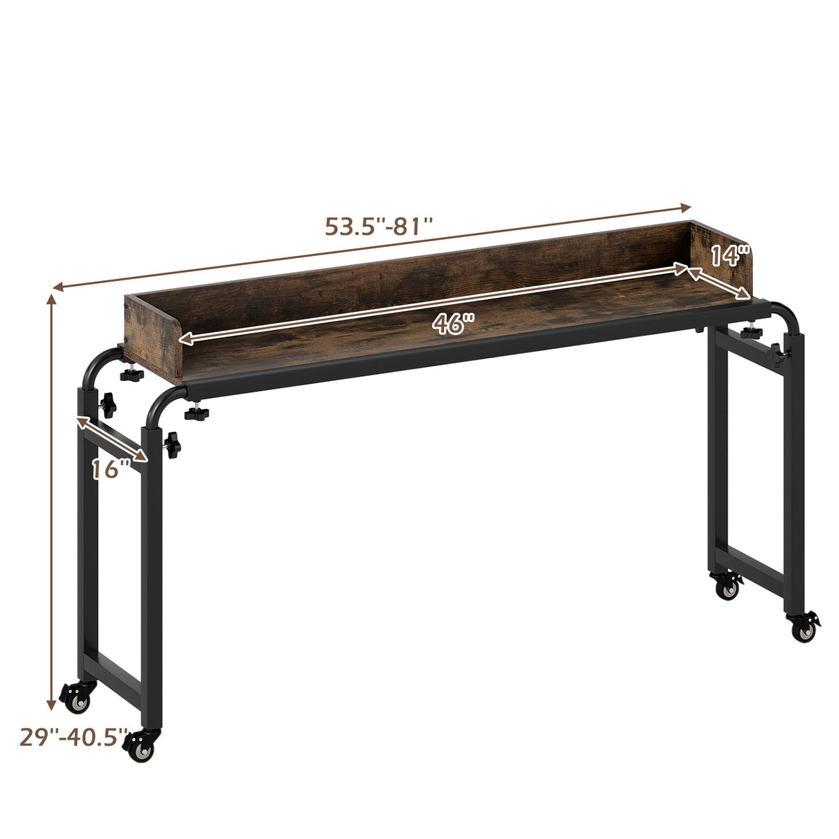 Overbed Desk with Wheels Queen Size Mobile Bed Desk with Adjustable Height-Brown view 5