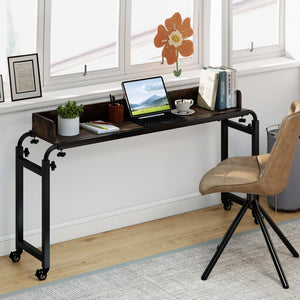 Overbed Desk with Wheels Queen Size Mobile Bed Desk with Adjustable Height-Brown view 6