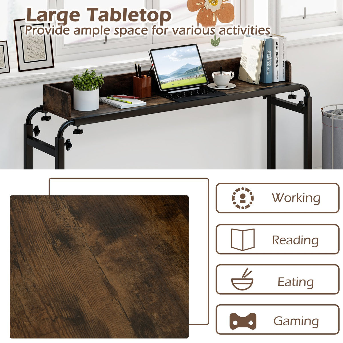Overbed Desk with Wheels Queen Size Mobile Bed Desk with Adjustable Height-Brown view 8
