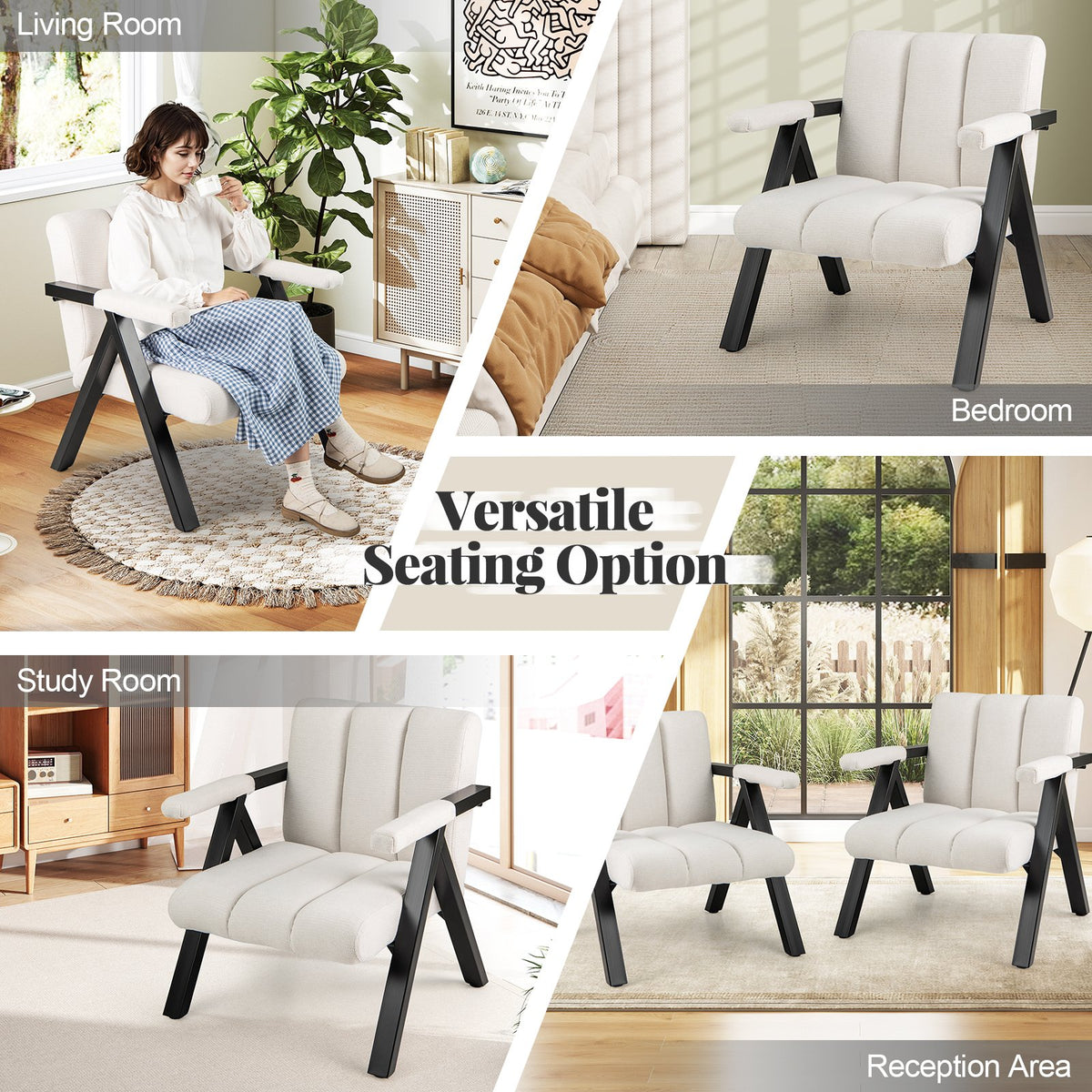 Oversized Accent Chair with Metal Frame and Armrests-Beige view 8